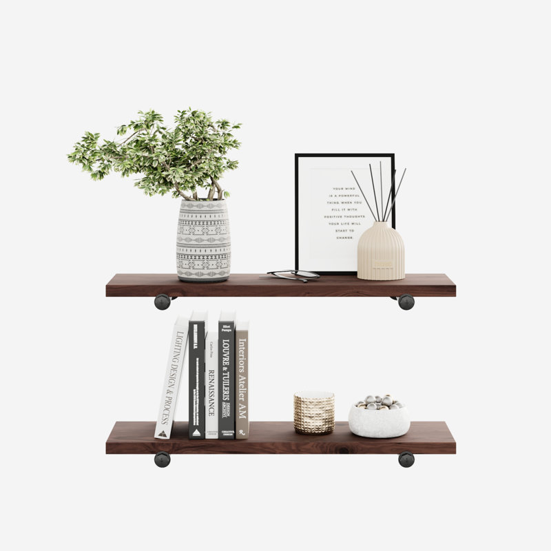 Tablettes flottantes en bois massif avec supports pour tuyaux, H 1 po x l 24 po x P 8 po, Châtaigne