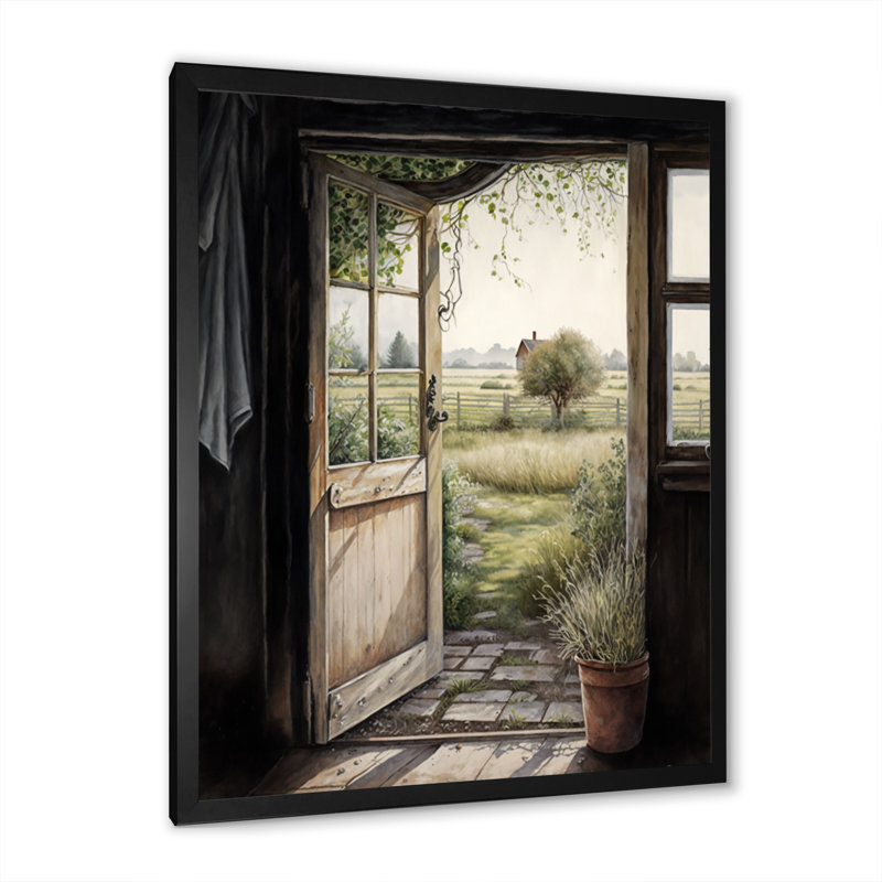 " Farm Landscape Through A Door ", Black Picture Framed, 20" H x 12" W
