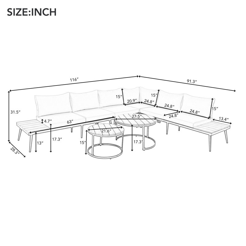 Ensemble de canapé modulaire d'extérieur en fer 6 pièces beige