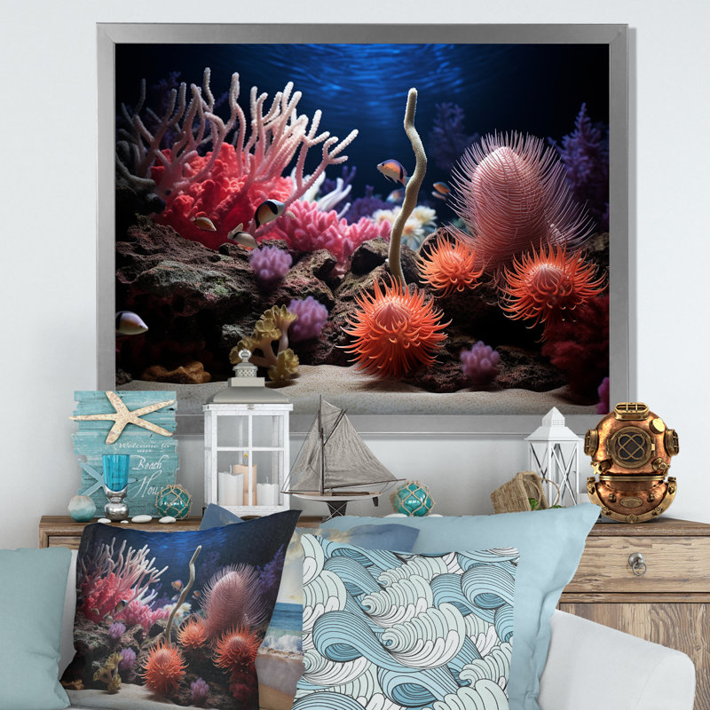«Vibrant Coastal Coral Beauty», reproduction d'art sur toile, H 34 po x l 44 po x P 1,5 po, Cadre simple argenté