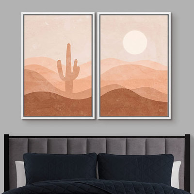 Idea4wall, ensemble d'art mural encadré, cactus, soleil brillant, vallée, paysage, nature sauvage, illustrations, art moderne, bohème, graphique, coloré, chic pour le salon, la chambre à coucher, le bureau