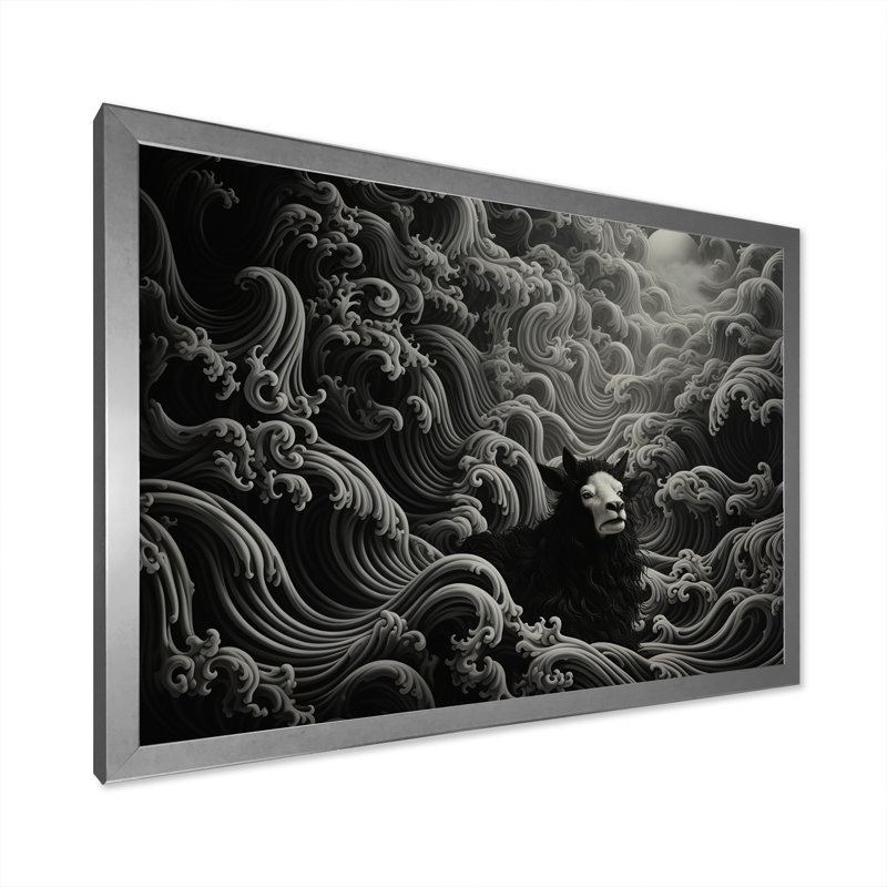 Portrait abstrait de chèvre noir et blanc III - Chèvre, art mural, Cadre de coin argenté fermé, H 16 po x l 32 po x P 1 po
