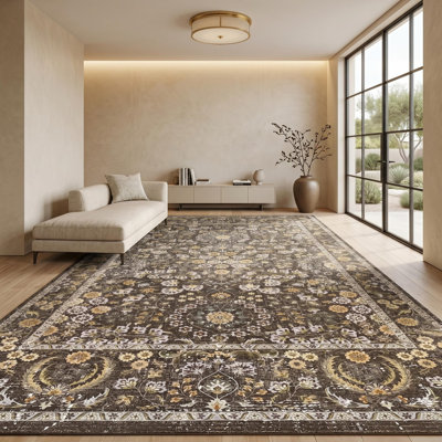 Tapis traditionnel lavable 8 x 10 pi pour salle à manger - Tapis oriental à motif floral Boho Texture de velours doux. Revers antidérapant en TPR. Lavable à la machine. Café brun