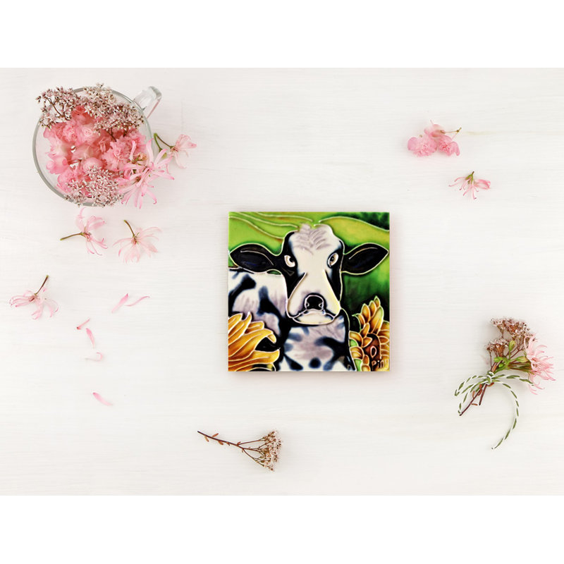 Handcrafted Square Cow Ceramic Art Tile Wall Decor