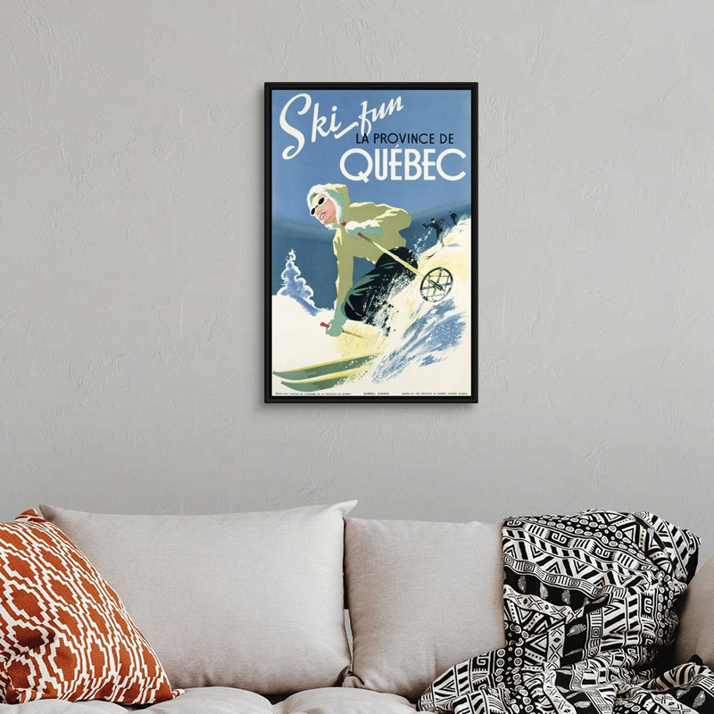 Affiche sur les vacances de ski dans la province de Québec, vers 1938, école canadienne, reproduction sur toile, Cadre noir