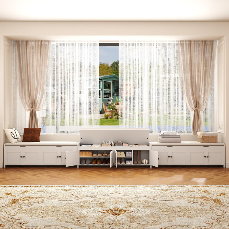 Banc à chaussures 54,4 po avec rangement à plateau relevable, banc de rangement pour hall d'entrée avec siège rembourré et 4 portes