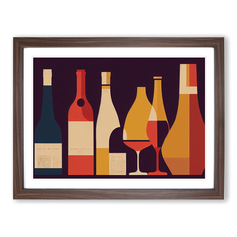 Retro Wine Bottle Vol.2 1 Piece Single Picture Frame Painting, 34cm H x 46cm W x 2cm D, Walnut Framed