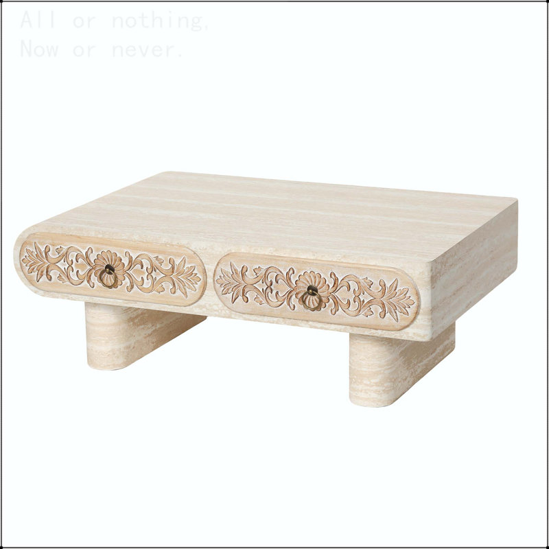Rounded Edge Coffee Table with Flower Pattern Solid Wood Drawer