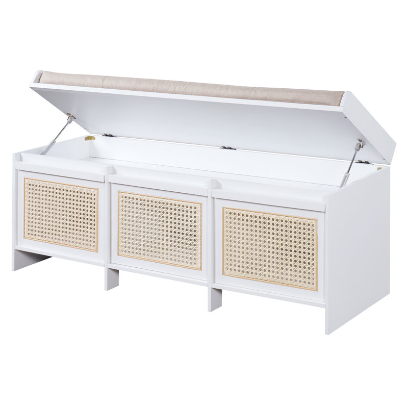 Banc à chaussures de rangement Waverly en rotin avec trois tiroirs et coussin capitonné, Blanc