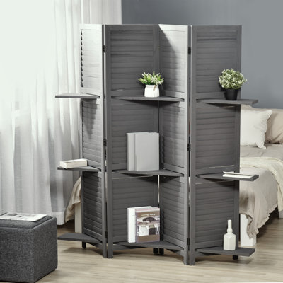 4-Panel Folding Room Divider, 5.6 Ft Freestanding Paulownia Wood Privacy Screen With Storage Shelves For Bedroom, Office, Grey | Gift Idea