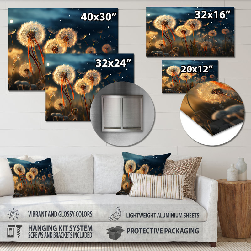 Sunset Dandelion Field IV - Floral Metal Wall Art Living Room, 12" H x 20" W x 1" D