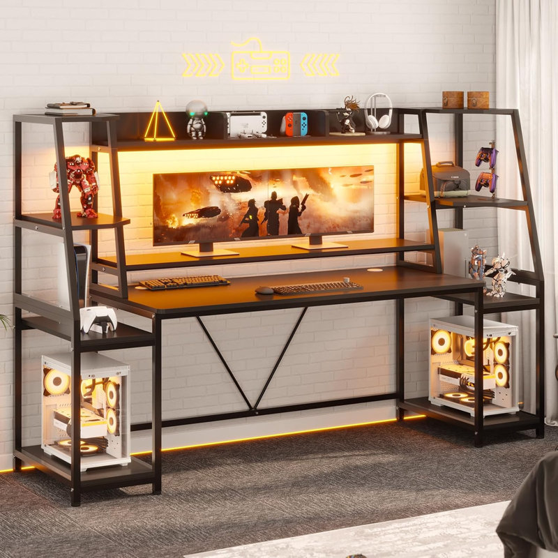 78.8" Gaming Desk with LED Lights, Hutch and Storage Shelves, Large Computer Desk with Monitor Stand, PC Gaming Workstation for Bedroom Living Room, Black