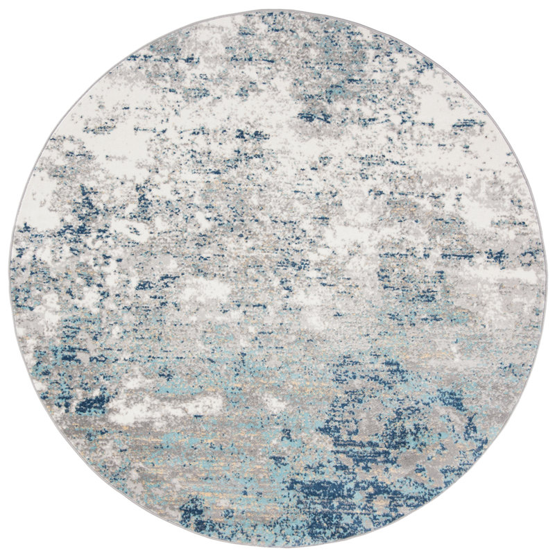 Tapis abstrait gris clair / bleu N'Keal, Rond 8 pi, Light Grey/Blue