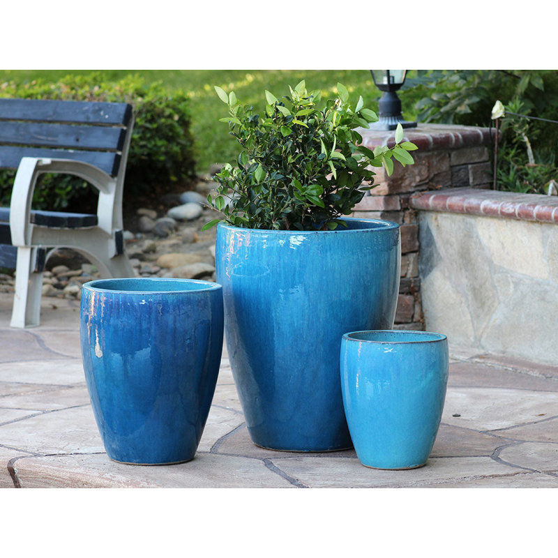 Pots de fleurs Catalina en grès, grand format, ensemble de 3 - Intérieur/Extérieur, Noir mat