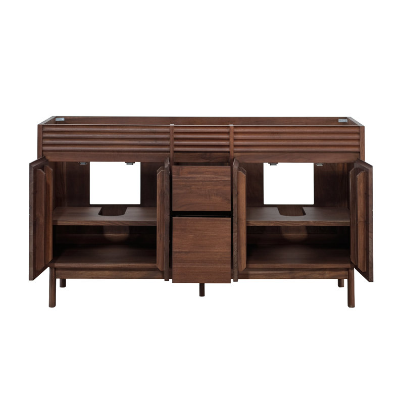 Aasto 61 po Meuble-lavabo double en teck café avec plateau en marbre blanc de Carrare, 61"