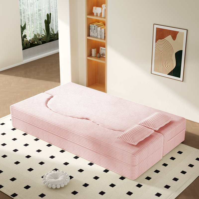 Evren Boneless Modern Minimalist Compression Convertible Floor Sofa Bed with Pillows, Corduroy Baby Pink