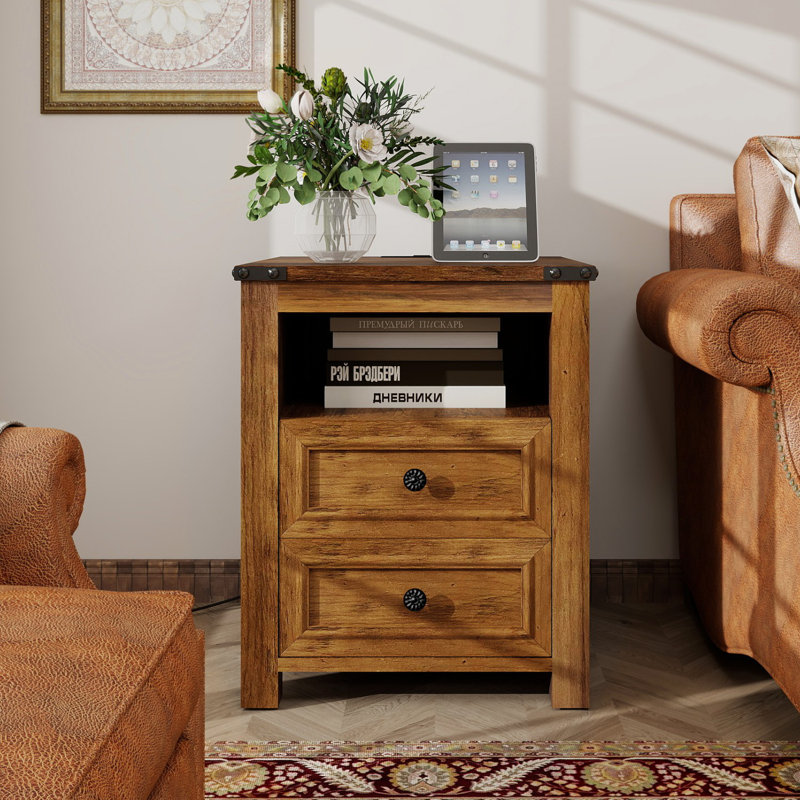 Table de chevet 2 tiroirs avec 2 prises CA et 2 ports USB intégrés, Brun, Individuel