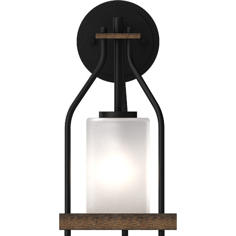  Applique murale murale ou applique murale à 1 lumière Emery en noyer et noir avec abat-jour cylindrique en verre givré Emery