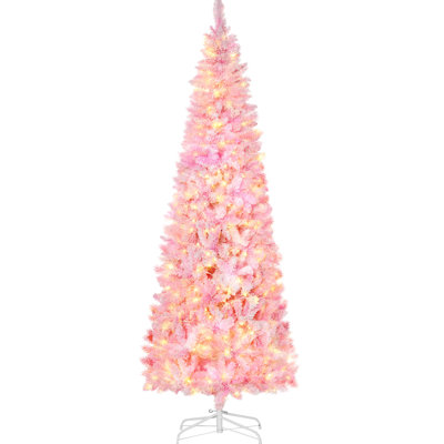 Prelit Snow Flocked Artificial Christmas Tree With Pencil Shape And Warm White LED Lights