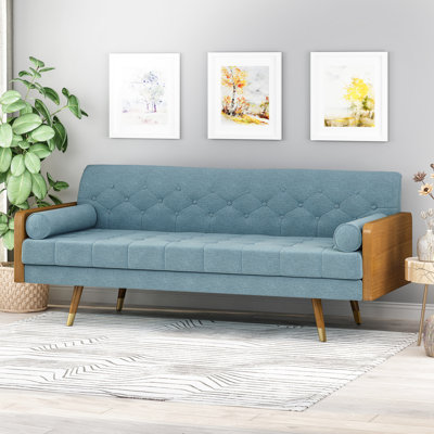 Revêtement en tissu bleu Mid-Century moderne, l 73,1 po x P 30,5 po, H 32,28 po, chic avec coussins et accents en bois pour le salon, H 32,28 po x P 30,5 po, élégant et confortable