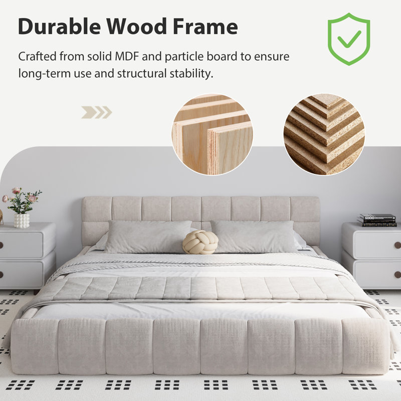Chenille Upholstered Bed Frame With Headboard, Queen, Beige