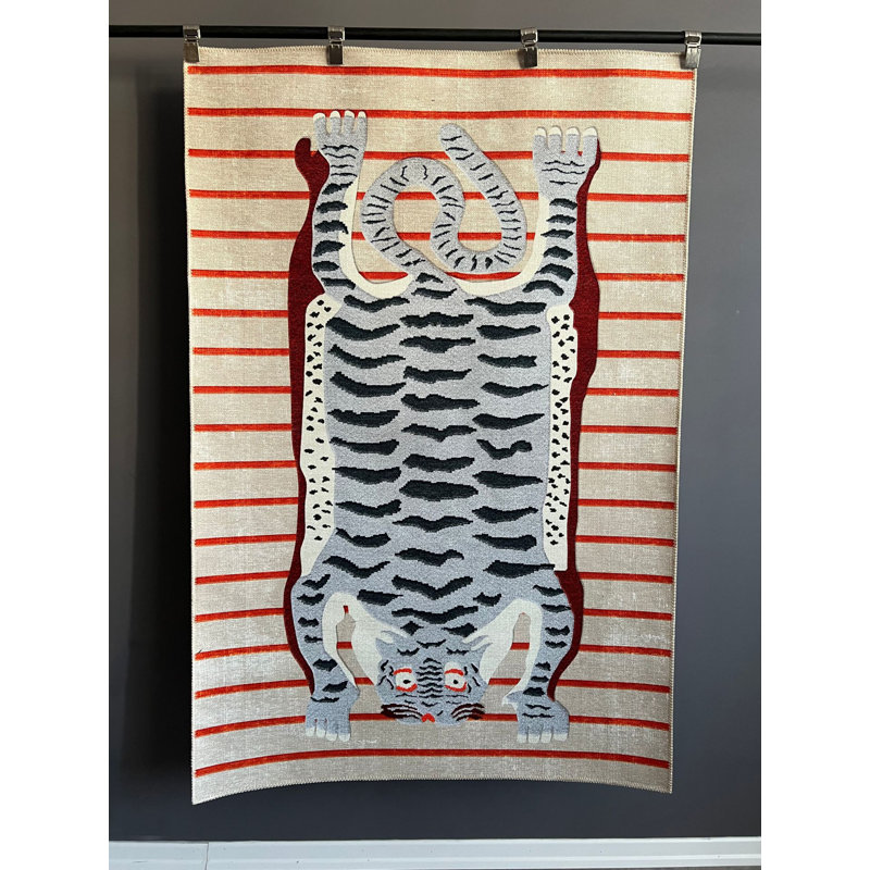 Tapis beige tissé à motif tigre, Rectangle 4 pi 11,06 po x 9 pi 10,11 po