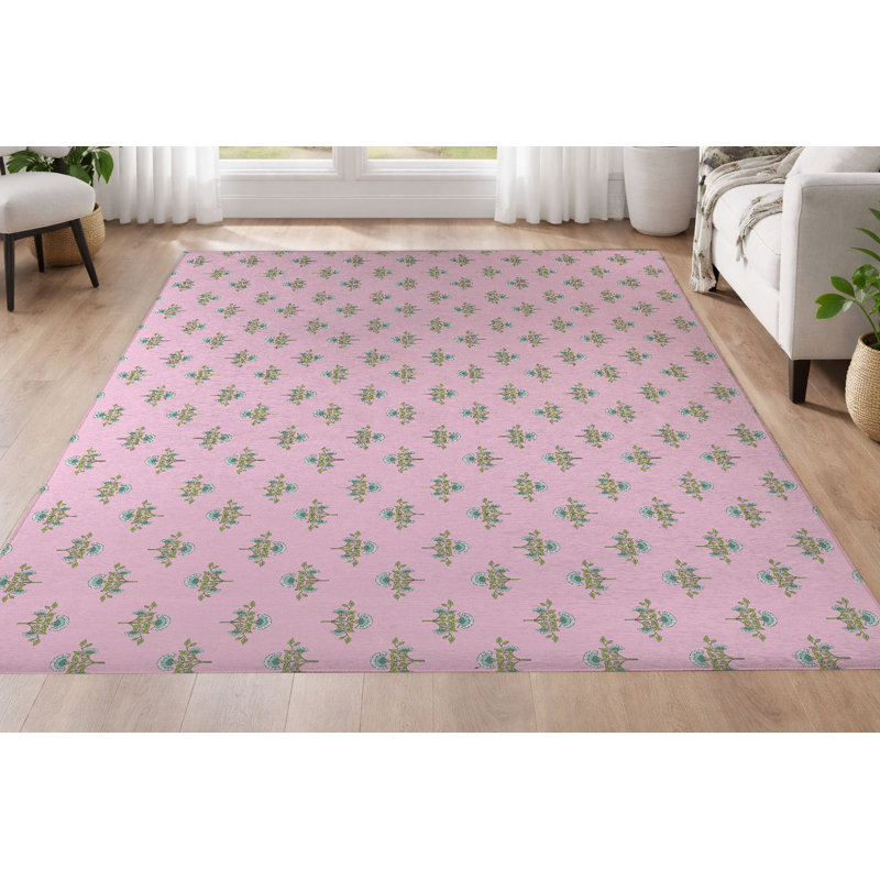 Tapis ultra-mince à profil bas Flora, Rose, Rectangle 5 pi x 7 pi