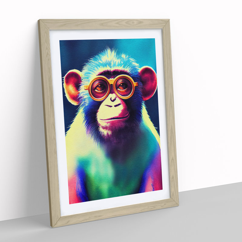 Neon Monkey No.4 - Wall Art, 46cm H x 34cm W x 2cm D, Oak Framed