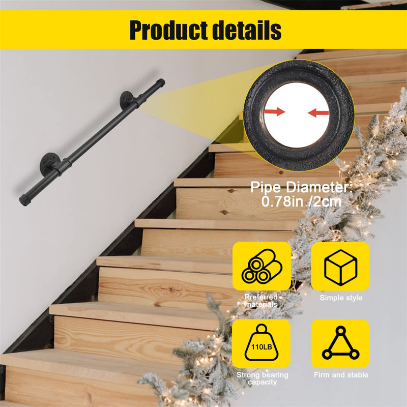 1M Wall Mounted Handrail Safety Hand Rail Non-Slip Steel Pipehandrail Indoor Outdoor Industrial Pipe Towel Rail Wrought Iron Wall Balustrade Handrail Banister Stair Railing