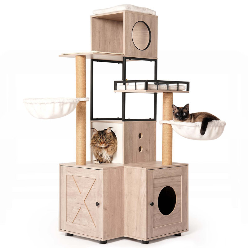Arbre à chat 63 pouces multifonctionnel avec litière intégrée et poteaux à griffer, coussins lavables amovibles et support à jouets en gris rustique moderne