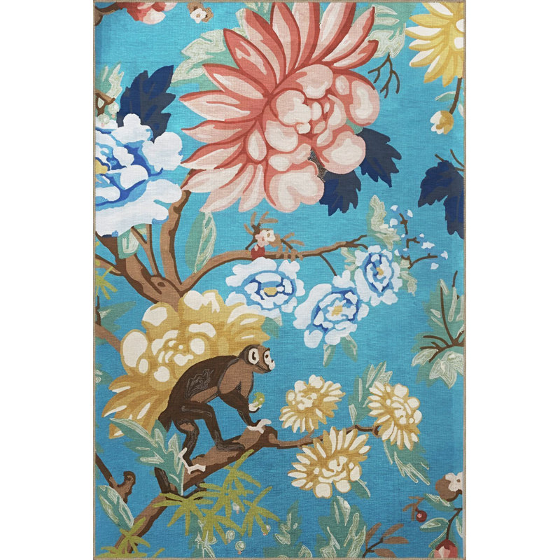 Tapis lavable décoratif à motif floral et singe bleu forêt, Rectangle 3 pi 11 po x 5 pi 11 po
