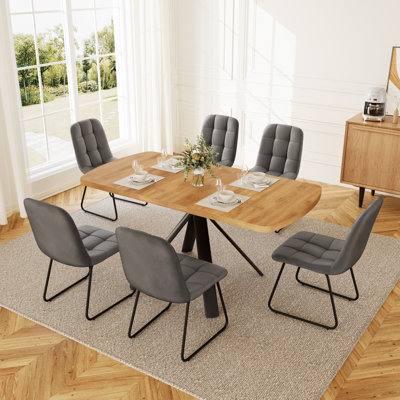 Extendable Ellipse Dining Table Set of 6, 120-160 cm MDF Oak Finish with 6 Corduroy Dining Chairs, Modern Minimalist Kitchen Table for Dining Rooms, Kitchens