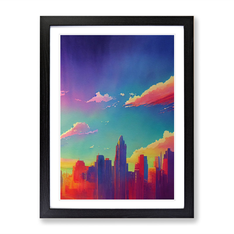 City Skyline Watercolour No.3 - Wall Art, 66cm H x 48cm W x 2cm D, Black Framed, White