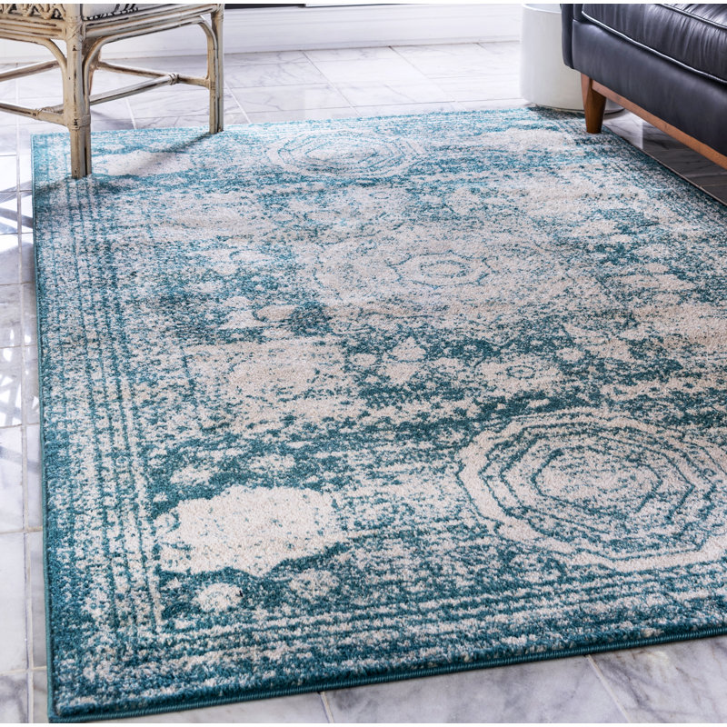 Tapis turquoise à motif géométrique Rizo, Rectangle 4 pi 1 po x 6 pi 1 po