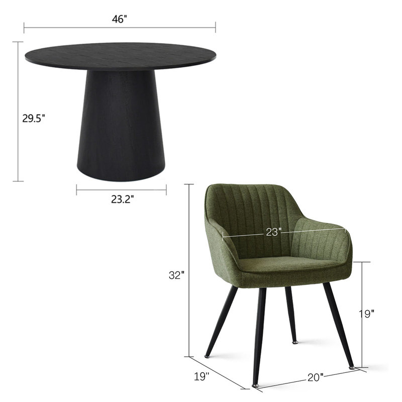 5-Piece Modern Round Dining Set With Black Pedestal Table And Upholstered Armchairs, Green