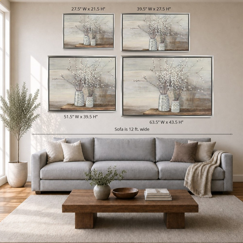 «Pussy Willow Still Life with Designs» par Julia Purinton - impression sur toile, H 44 po x l 64 po, Argent