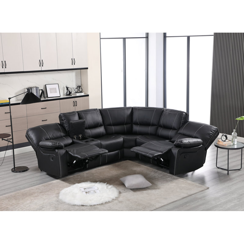 105.8'' Wide Vegan Leather Manual Reclining Sectional With Storage & Cupholder, Black
