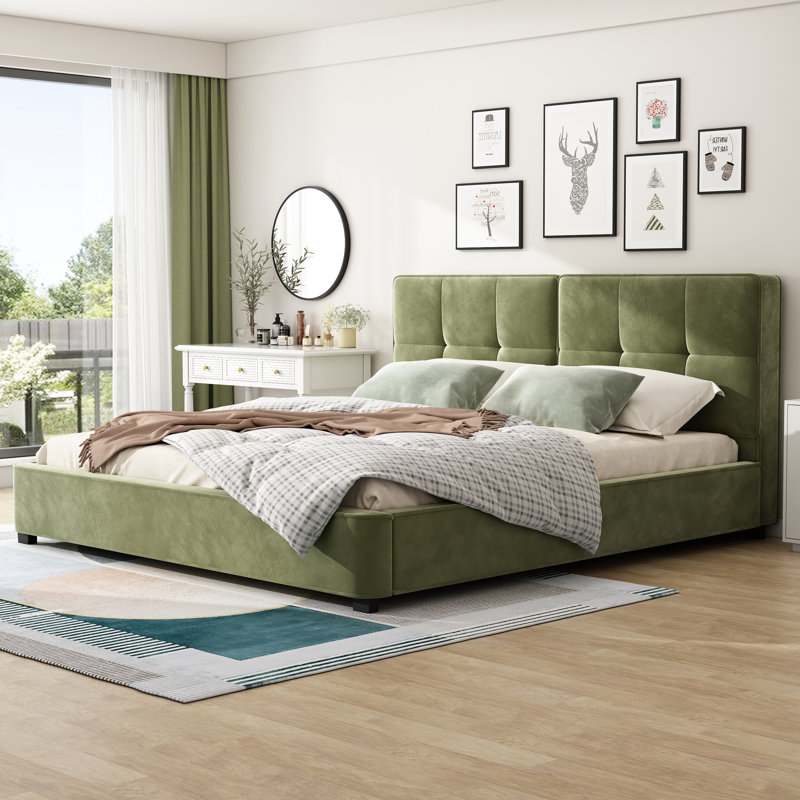  Structure de lit tapissier très grand avec tête de lit courbée capitonnée, vert olive