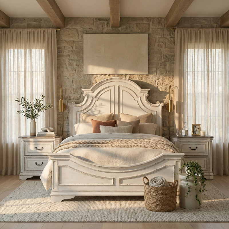 Ensemble de chambre avec grand lit à panneau et deux tables de chevet Colchester, Blanc antique, Grand