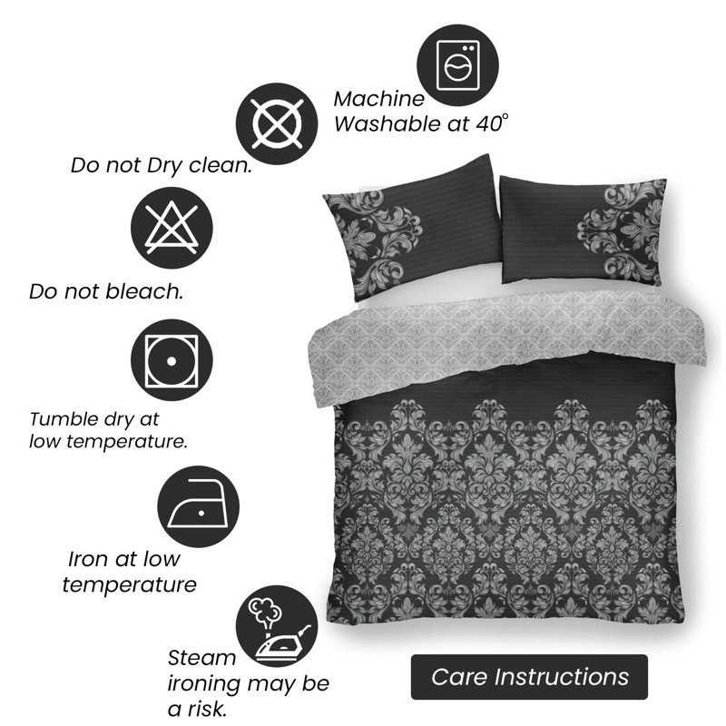 GC Printed Cotton Blend Damask Duvet Cover Set with Pillowcases, Double - 2 Standard Pillowcases, Black