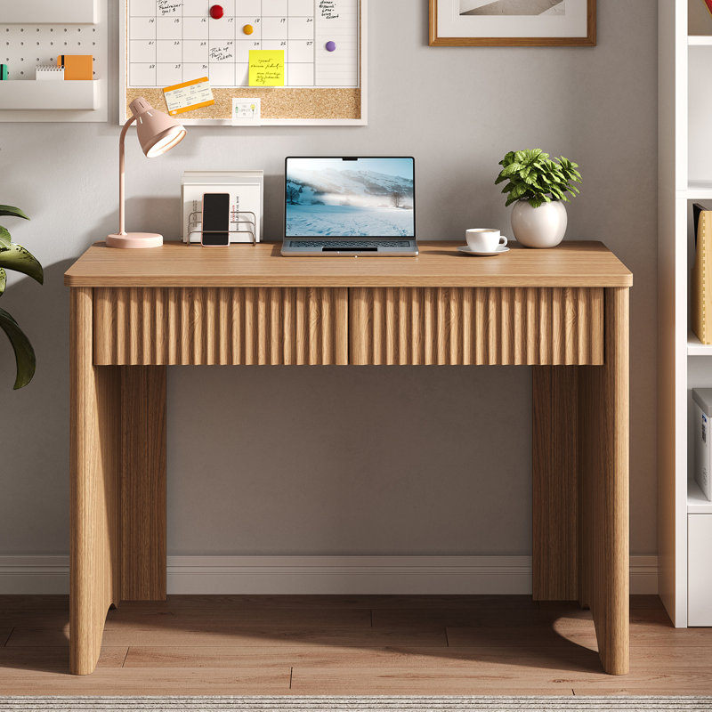 Bureau d'écriture 47,2 "à 2 tiroirs, bureau d'ordinateur moderne cannelé à coins arrondis, Brown Oak/Brown