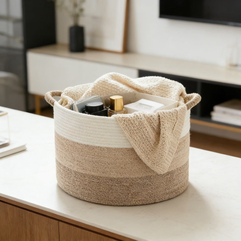Large Woven Cotton Rope Storage Basket For Blankets, Pillows, And Toys, Decorative Basket For Living Room, Nursery, And Laundry, Natural Handwoven Organization