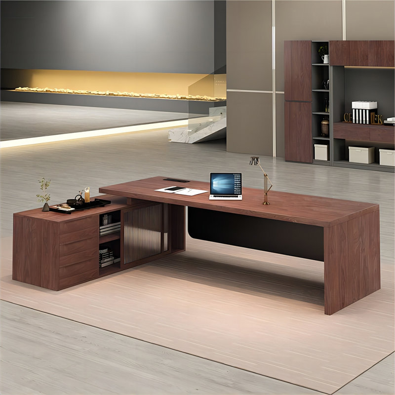 Bureau de direction en bois massif brun en forme de L avec armoire latérale gauche, H 29,53 po x l 78,74 po x P 31,5 po