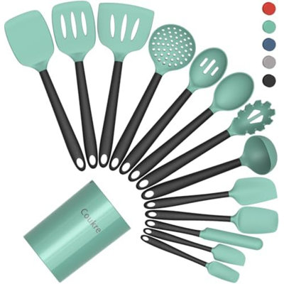 Ensemble d'ustensiles de cuisine en silicone résistant à la chaleur, 14 pièces | Compatible lave-vaisselle, silicone alimentaire, sans BPA, spatules, cuillères et retourne-poêles, compatible avec les revêtements antiadhésifs, vert d'eau