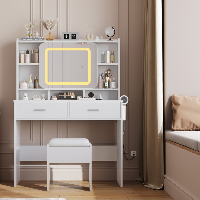  Bureau de coiffeuse avec miroir coulissant, lumières DEL et station de charge, coiffeuse compacte avec tabouret l 100 cm (39 po), ensemble de coiffeuse pour petites chambres, bureau personnel, blanc