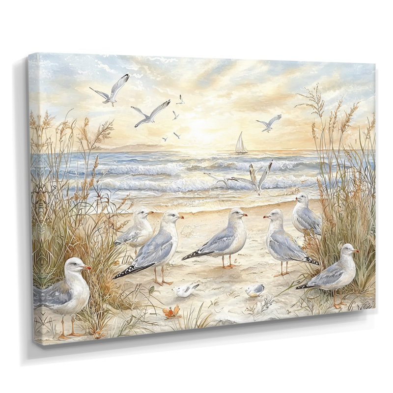 Mouettes sur la plage II - reproduction d'art mural plage et océan, H 34 po x l 44 po, Toile tendue, Ne s’applique pas