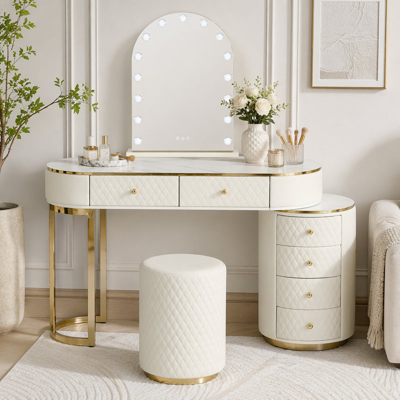 Bureau de coiffeuse de luxe avec miroir à DEL, longueur réglable et plateau d'aspect marbre, Beige 6-Drawers