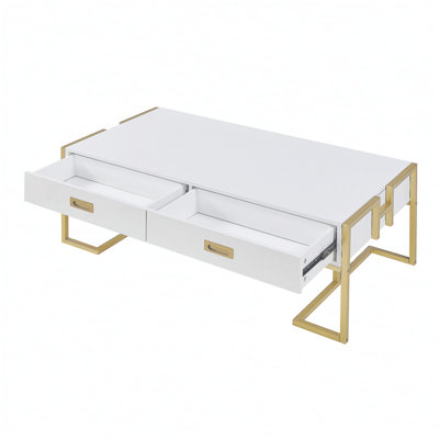 Modern White Rectangular Coffee Table with 4 Drawers and Gold Base,  for Contemporary Living Rooms and Elegant Storage Solutions.