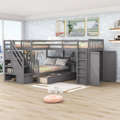 Lit superposé simple et double au-dessus d'un lit double en bois avec garde-robe intégré, bureau rétractable et tiroirs