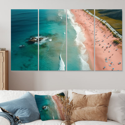 Bleu et rose plage vue aérienne III - plage et océan, ensemble 4 pièces d'art mural